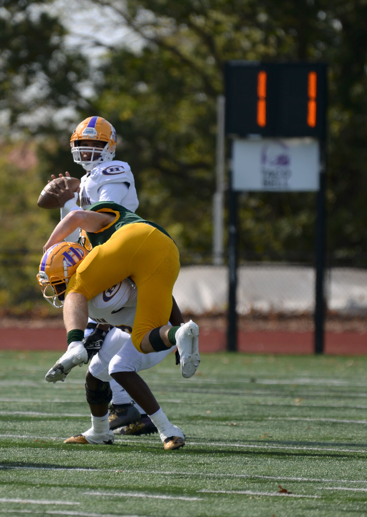 Hickman junior quarterback TJ Turner prepares for a pass against Rock Bridge